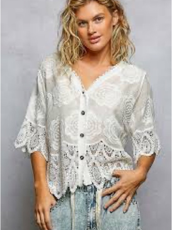 POL Tops - 565. LAST 2!Pol v neck cotton button top crochet embroidered short sleeve